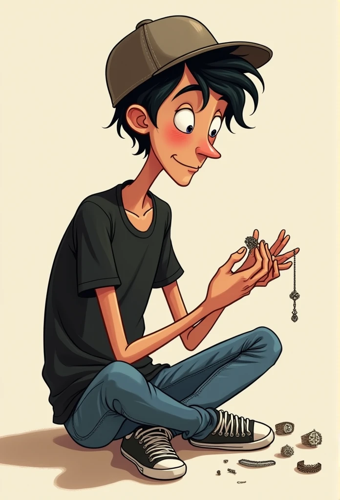 pixar drawing thin man with cap on head, blackquality hair, black t-shirt and jeans and sneakers making finger jewelry