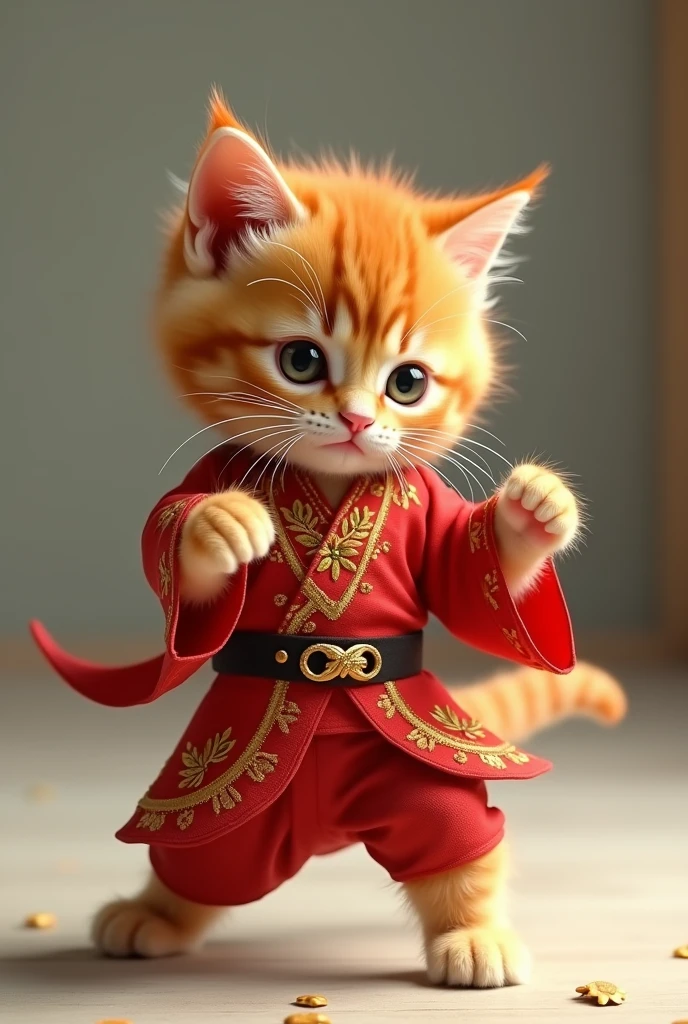 (realisme pic) an cute orange kitten performing a traditional malay martials art wearing a traditional malay costumes