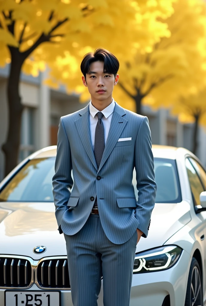 (One wearing a full light blue striped suit、White shirt、tie、Japanese man about 180cm tall)、best quality、masterpiece、Ultra-high resolution、(Photo realism:1.4)、original photo、(街道上One wearing a full light blue striped suit、White shirt、打tie的年輕英俊的日本男人、Standing under the ginkgo tree、Yellow and big ginkgo leaves、Clear details of leaves)、(There is a white BMW840I next to the man、Man's hands on car roof) shadow、Octane Rendering、8K、super sharp、real light、(There is only one white BMW on the street、man's shining eyes、looking in the direction of the camera)、super high quality、High target、gentleman、very beautiful hair、Bright photos、The man is as handsome as a model and as handsome as an idol,Professional profile photo, Professional portraits、Realistic portraits, Detailed color portrait, Idol portrait, high quality photos.