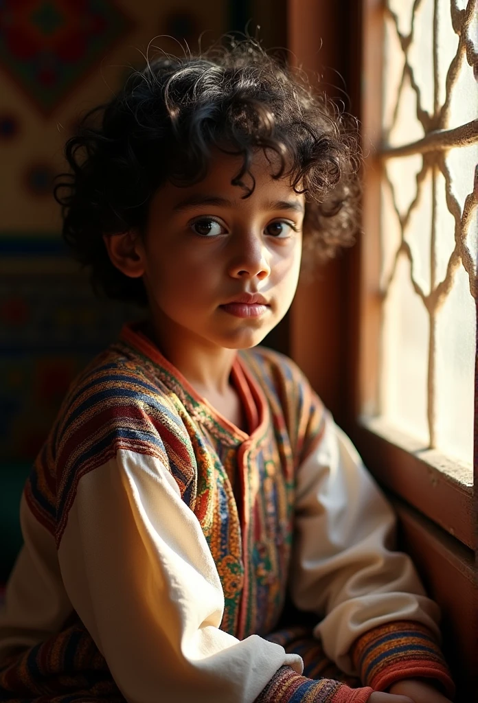 A close-up photograph of a young Rifian person with deep brown eyes and curly dark hair, wearing traditional Amazigh attire. They are sitting by a window, with soft, warm sunlight streaming in and highlighting the intricate patterns of their clothing. The expression on their face is contemplative, capturing a sense of curiosity and inner strength. The background is softly blurred, with hints of traditional Rifian decorations, adding depth and cultural context to the scene