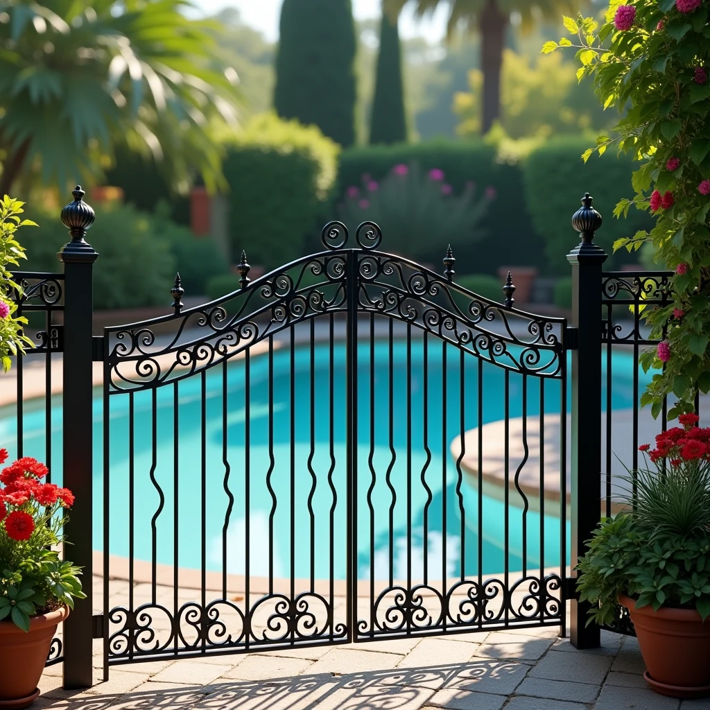 wrought iron fence around a pool, high resolution, 32k, real, 
