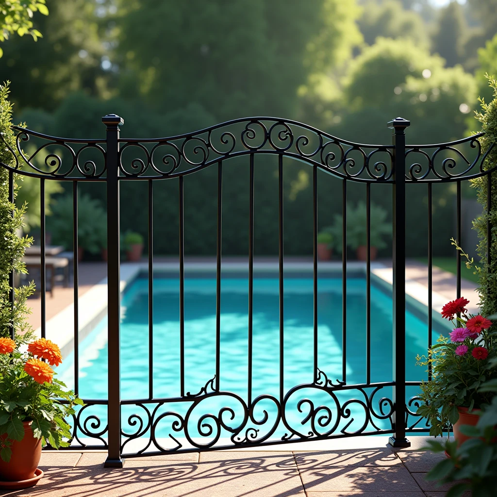 wrought iron fence around a pool, high resolution, 32k, real,