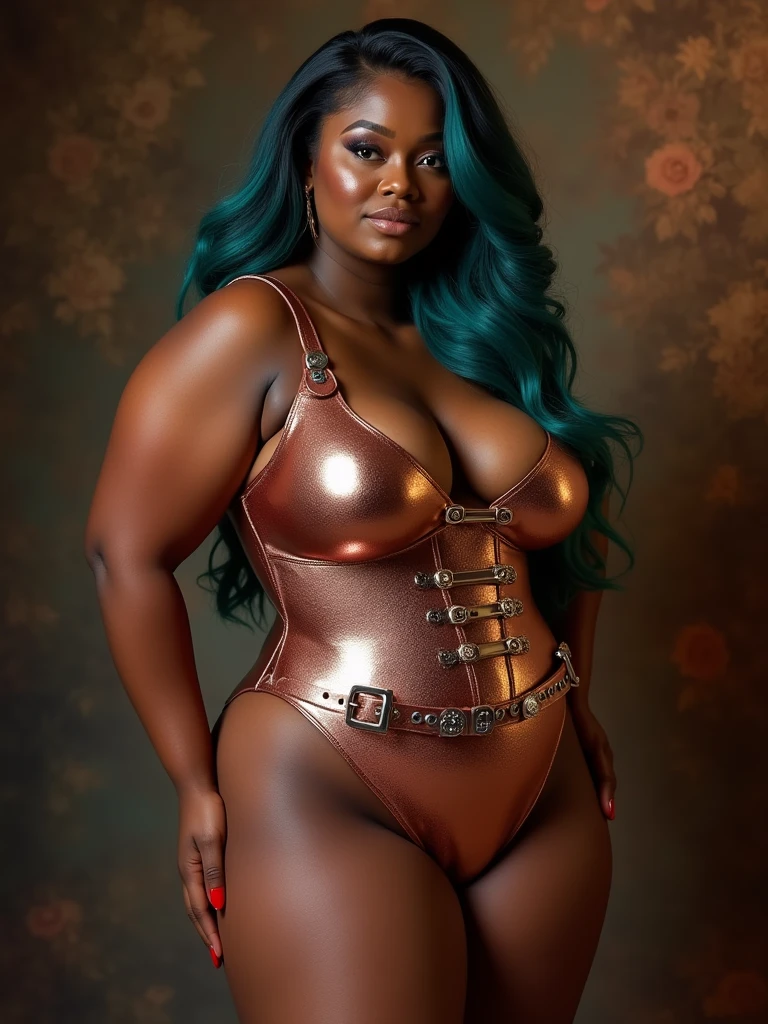 EXTREME BIG HUGE BOOTY HIPS CONTEST, dark skin: dark melanin All Women, a very attractive breathtaking woman with very large butts, realistic, lifelike, hyperrealistic, most wide hips circumference (100 inches): widest (trapezoid shaped) hips, opulent (bodysuit) couture, most triangular - tapered: thin waist, accessories: belts clasps buckles, detailed skin moisture, have the toned huge curvy hourglass body, dark blue hair: teal highlights, sharp focus, metallic rose gold, color tones: #4A2B2F
