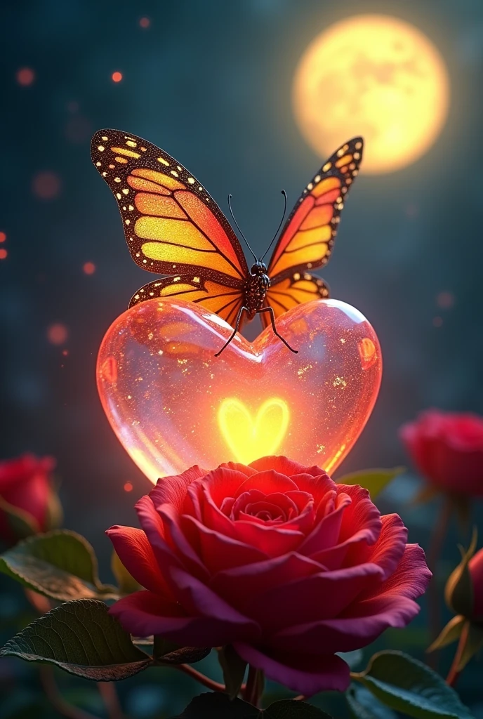 A captivating and eye catching image of a big colourful with golden sprinkle on wings sitting on a trans lucent heart filled with glow of love and warmth. The beautiful huge red rose with leaves lies before the heart The whole scene creates a mesmerising view in a dark night with a big full glowing yellow moon in the sky.