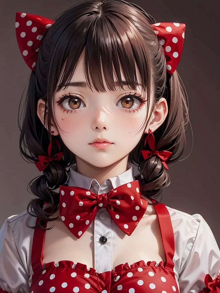 Cat wearing a red polka dot ribbon