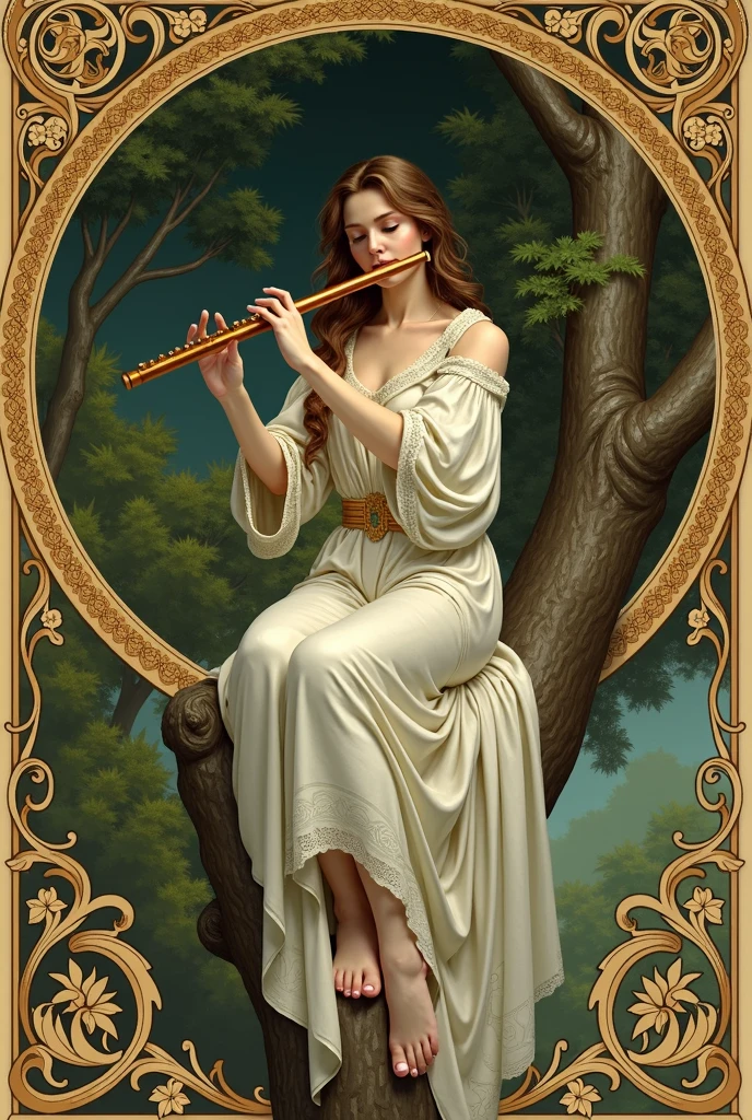 Woman playing the flute with both hands sitting in a tree, Renaissance style.
Very decorated frame, Mucha Style.