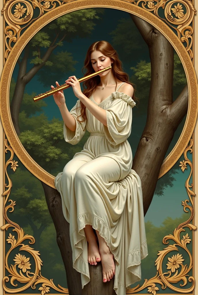 Woman playing the flute with both hands sitting in a tree, Renaissance style.
Very decorated frame, Mucha Style.