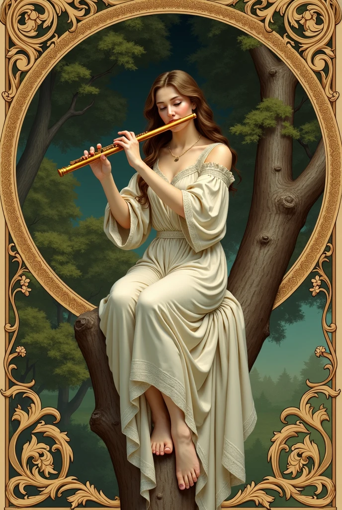 Woman playing the flute with both hands sitting in a tree, Renaissance style.
Very decorated frame, Mucha Style.

