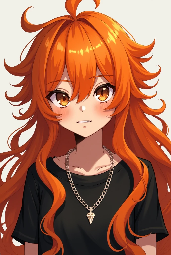 A man with extremely long orange hair and hazel eyes, wearing a black shirt and a pair of necklaces around his neck. "erkek" character will look like a talkie character anime character AND MAN