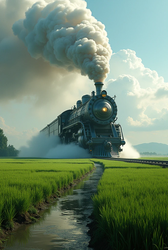 Create a realistic and cinematic image of a monster train passing through a rice field.