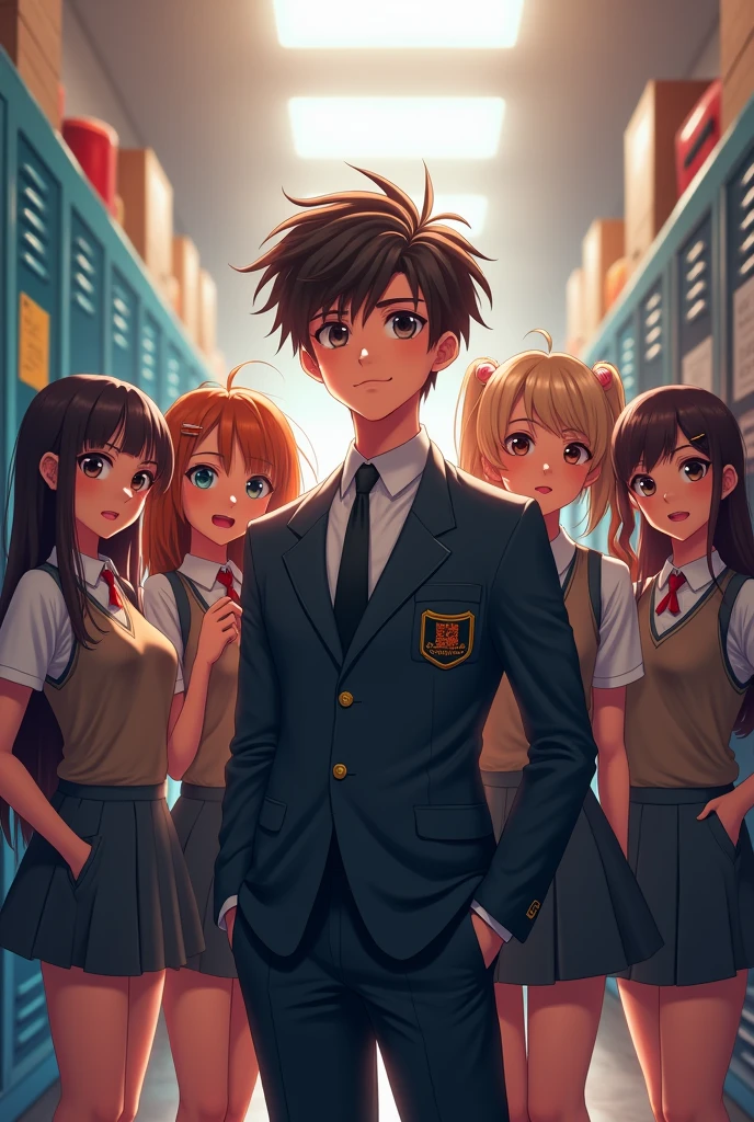 Please create A Hot ager Boy in school dress with girls in school group undefined, undefined, undefined,