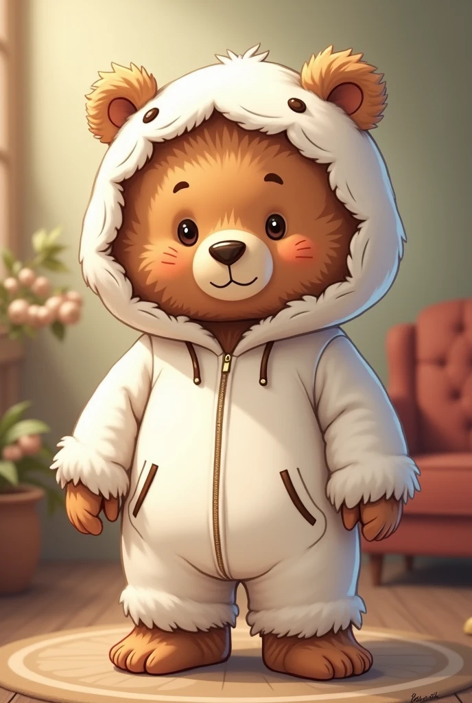 a brown bear wearing a white bear costume, brown and furry bear, white bear costume without hood, cute bear, drawing style, 8k, high qualiy, work of art, detailed skin texture, detailed costume, studio lighting, realistic lighting, swirly vibrant colors, warm lighting, softfocus