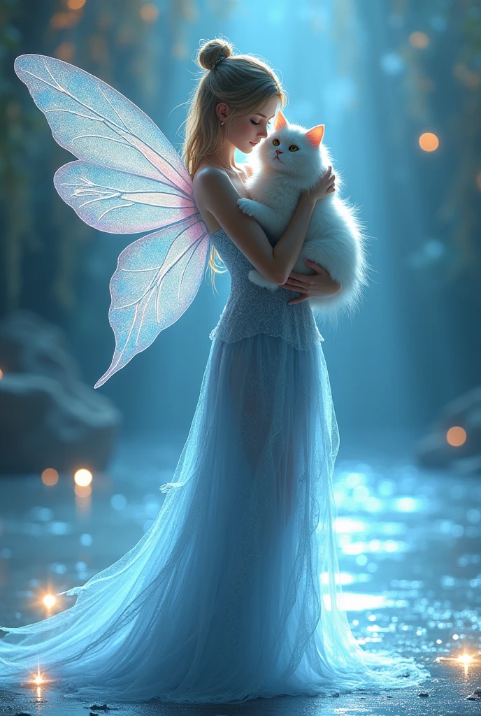 A wears a lacy blue dress with shining fairy wings, holding a fluffy white cat. They walk on a glittering stage, creating an atmosphere of magic and wonder. Her dress and wings give the impression that she is a fairy from a fairytale world, ready to bring joy and magic.