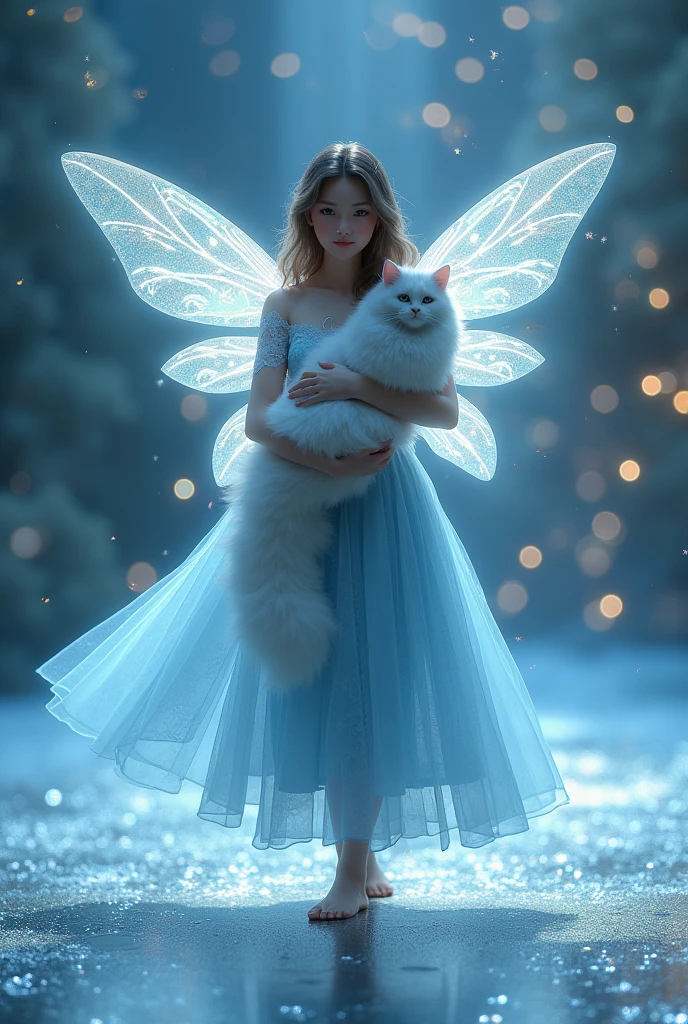 A  wears a lacy blue dress with shining fairy wings, holding a fluffy white cat. They walk on a glittering stage, creating an atmosphere of magic and wonder. Her dress and wings give the impression that she is a fairy from a fairytale world, ready to bring joy and magic.