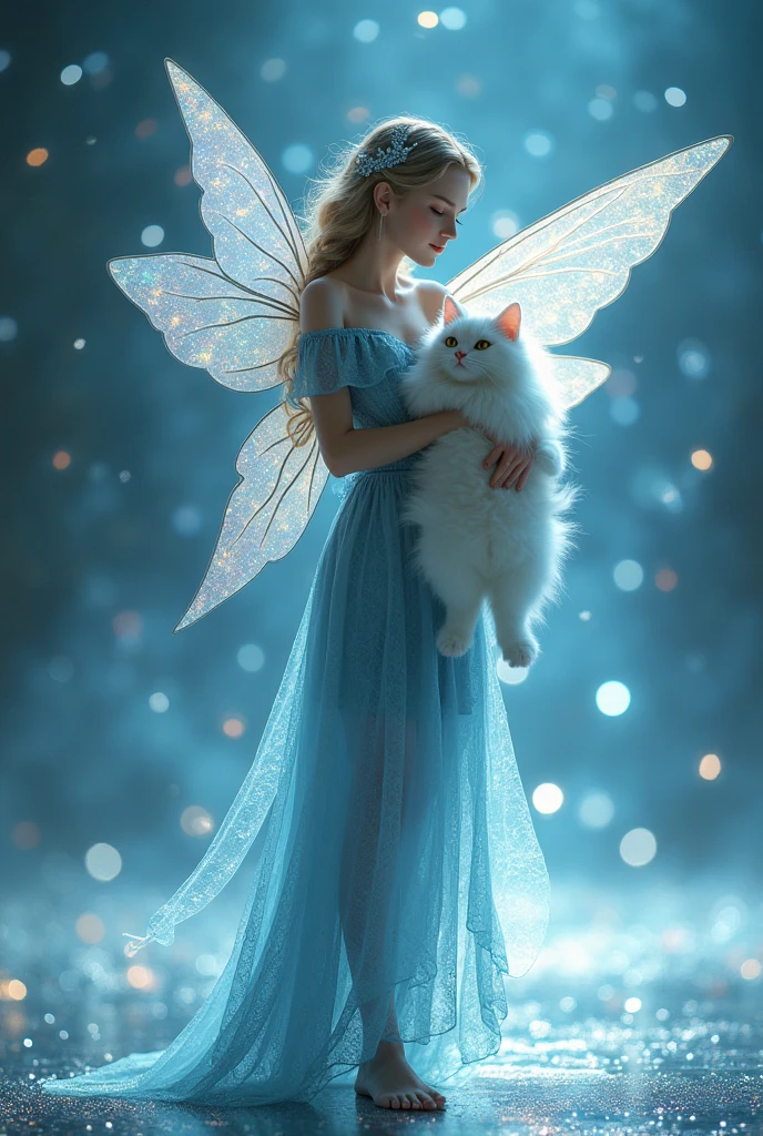 A  wears a lacy blue dress with shining fairy wings, holding a fluffy white cat. They walk on a glittering stage, creating an atmosphere of magic and wonder. Her dress and wings give the impression that she is a fairy from a fairytale world, ready to bring joy and magic.