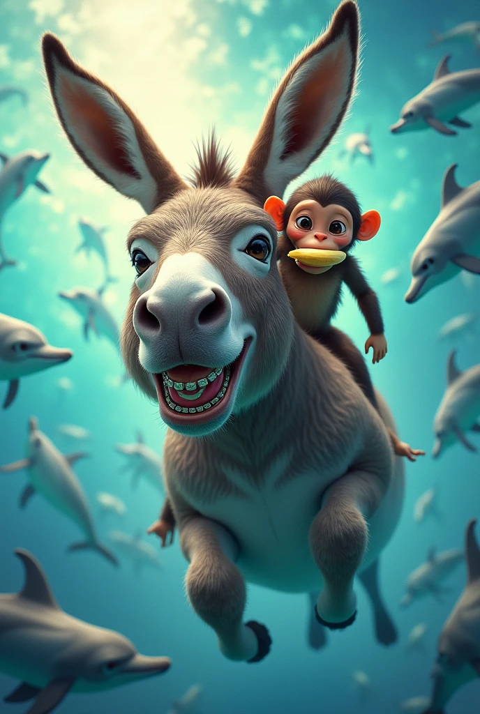 I want a donkey with braces accompanied by a cute monkey crying on top of it while eating a banana, in the sea flying and with them some dolphins full of colors and brightness but the donkey smiles and you can see the braces on his teeth