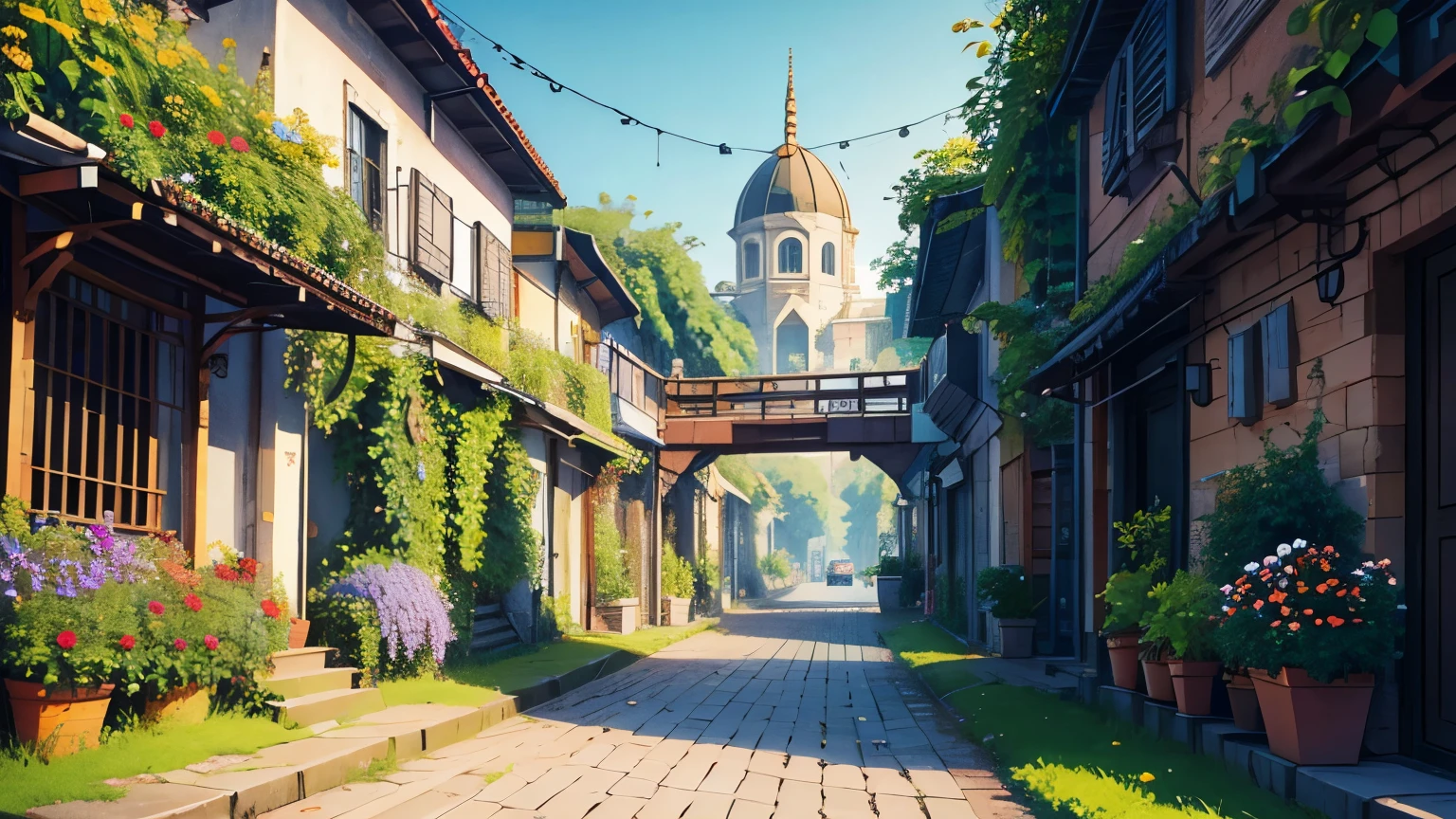 city, A lot of plants, many flowerpots, kusti, trees, Creepers
