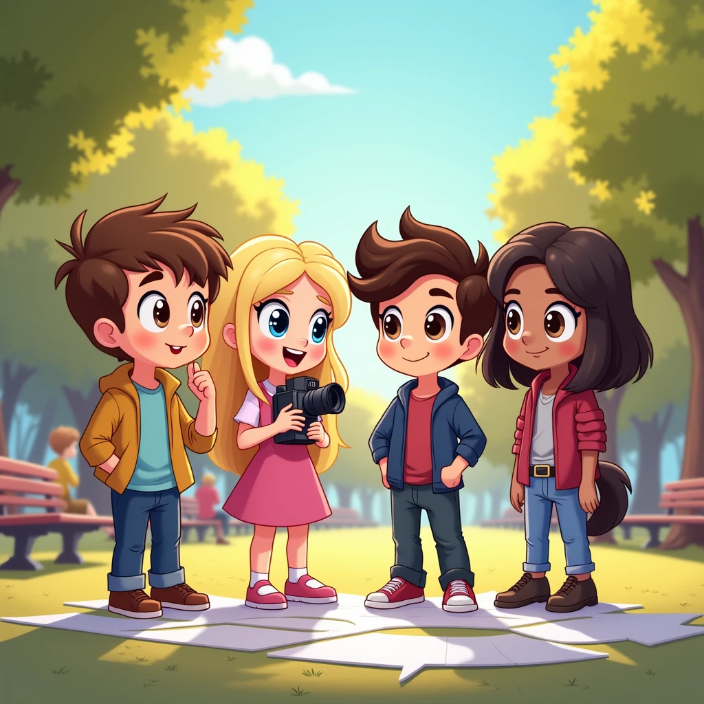 Create an illustration for the story with these instructions: "Create a warm and cheerful scene in Canterlot City&#39;s central park, showing four children: John, an energetic boy with short hair and brown eyes; Hellen, a girl with long blonde hair and blue eyes, holding a camera; Santiago, a thoughtful boy with dark curly hair and bright brown eyes; and light blue, a quiet girl with straight brown hair and hazel eyes. The children are together, smiling and planning a fashion video. The park in the background has trees, benches and people in the distance, with a playful and colorful style, suitable for a story . 1024x1024 format."
