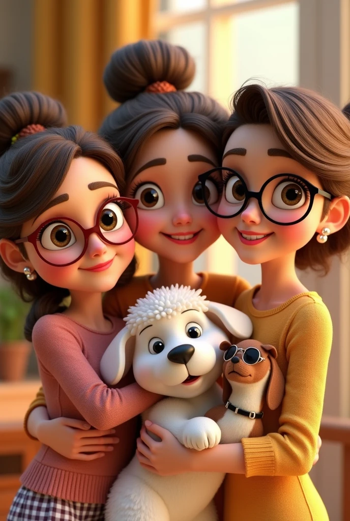 Instagram profile picture of a 3 woman with big glasses, tender, smiling, pearl hoops, somewhat unstructured, brown hair up, with a part in the middle, jugando y abrazando a sus perros un caniche blanco cachorro tierno y un perro Jack Russell con mancha en el ojo marron tierno y smiling personaje de animación, stylized character, animation style rendering, 3D stylized, Render 3D stylized, Toon render keyshot, 3D character, 3D character, Stylized 3D rendering, 3d character rendering, cartoon character, Close-up character, Character pose, (pixar style) (master part:1.2) (bokeh) (Best Quality) (detailed skin) (detailed texture) (8k) ( clay) (cinematic lighting) (sharp focus