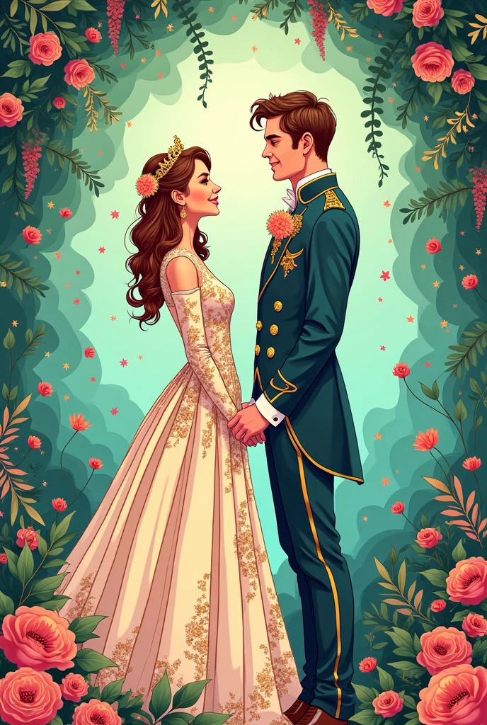 High detail vector drawing of a princess and prince wedding showing their full bodies in the picture. Colorful line art drawing. Vector drawing.