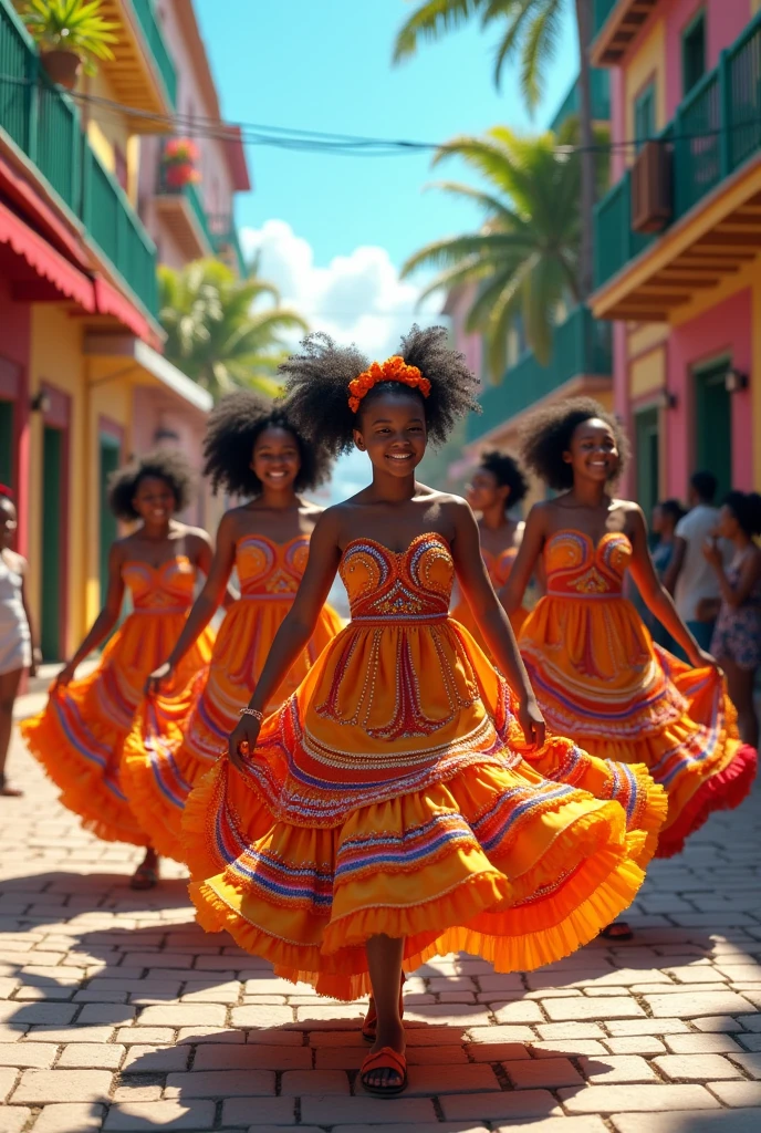 Parade of five young Caribbean girls in Karabela dresses. Splendid setting, colored,  fabulous 