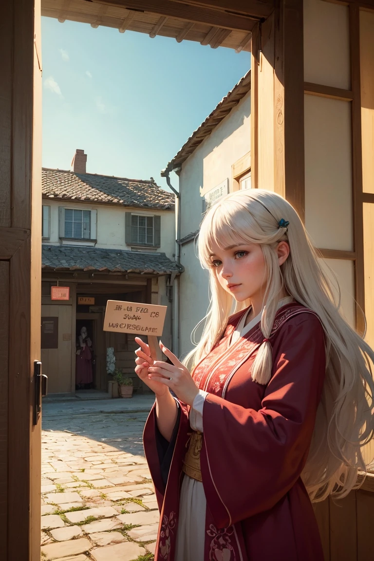 Illustrations for children's picture books,realistic, detailed illustration,A serene town center with an elderly witch as the focal point. The witch has long white hair tied up and a kind, gentle expression. She's holding up a sign that reads 'Happy Bento Shop' in Japanese characters. Around her, curious townspeople of various ages are gathering, their faces showing interest and excitement. The overall atmosphere is warm and inviting, with a touch of magic in the air., hand-painted style, digital art touch,(illustration:1.5), (Watercolor:1,2)