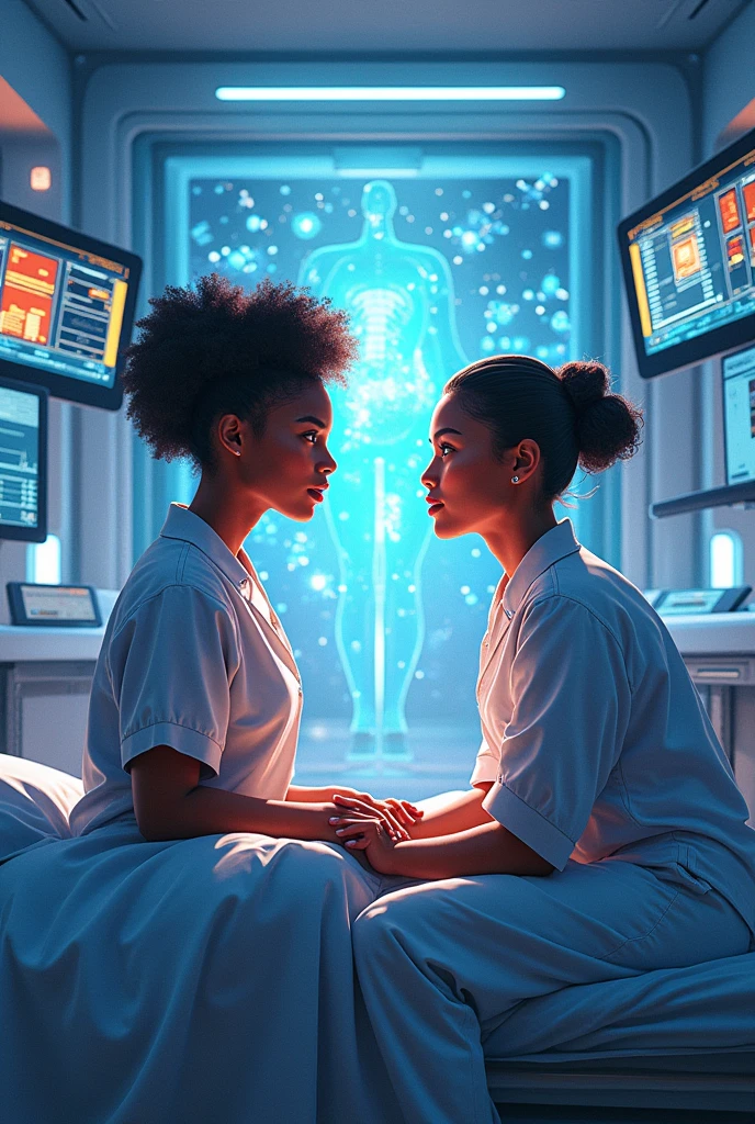 create art that highlights science, technology and society in health related to physiotherapy, with an Afro-descendant and Oriental person in the midst of these