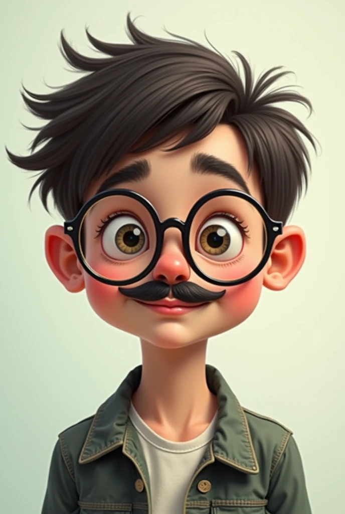 A boy with glasses, a mustache and a unibrow with straightened hair