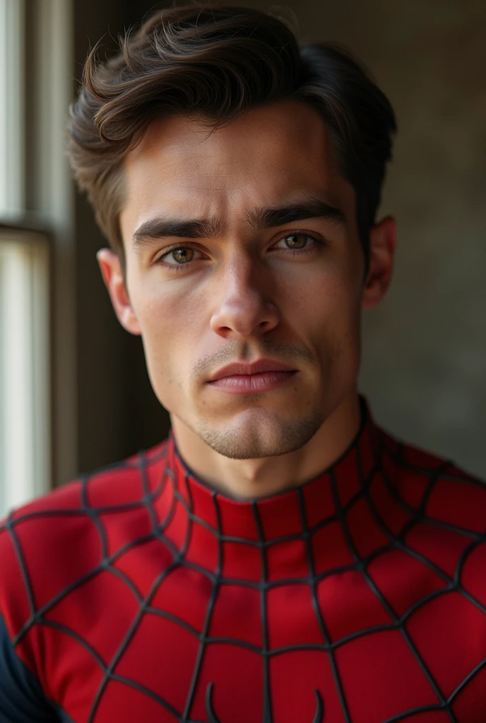 A photograph of Spider-Man., sin mascara, the 20s, elegant, detailed face, looking to the camera, portrait, 8k hd, high quality, unclothed