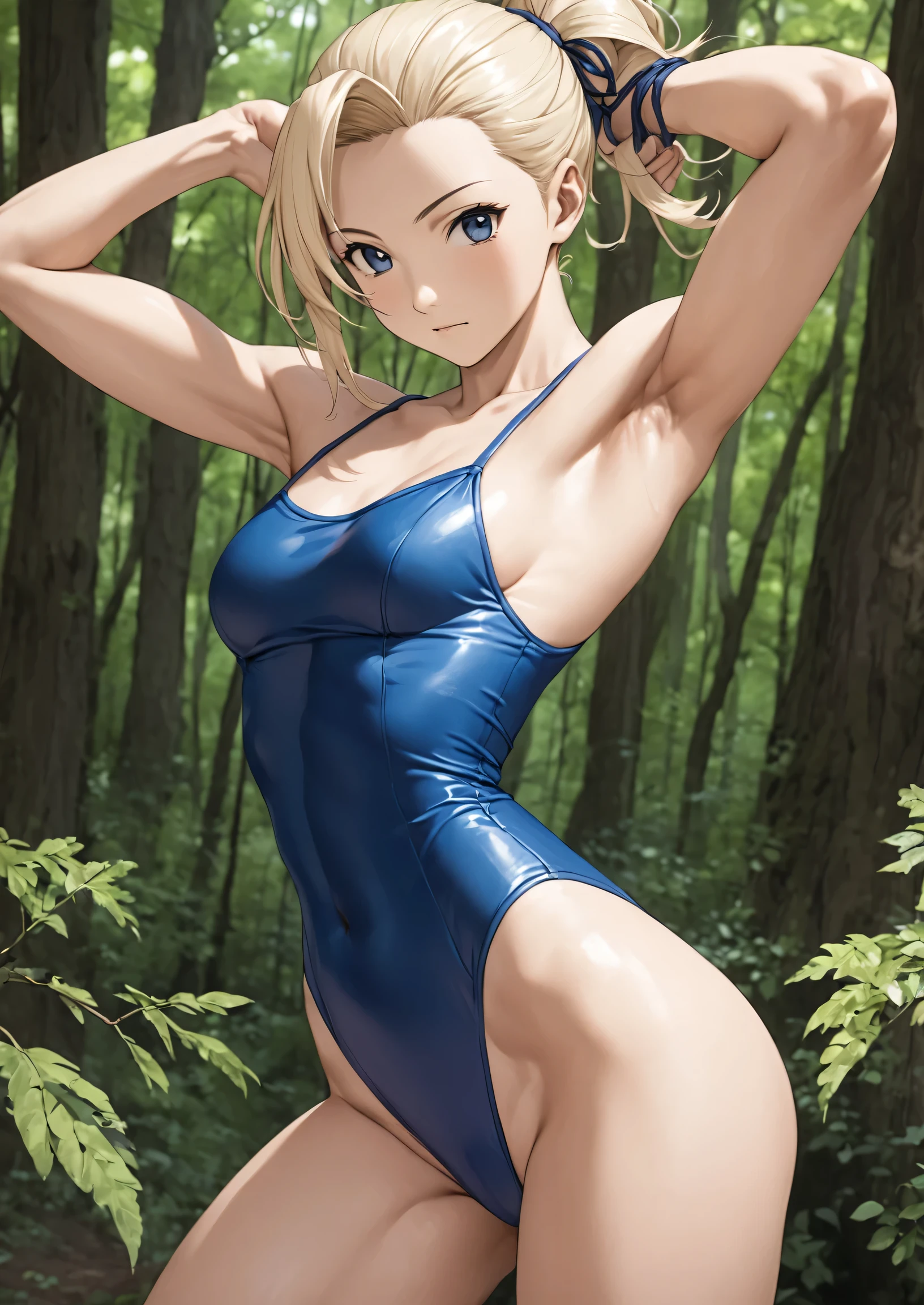 Ino yamanaka as a boy, Wearing a blue leotard posing in a woodland, solo, Very long blonde tied up hair, Strong pose, so beautiful. (Beautiful Boy, ), Perfect Body,  Sexy upper body, Photorealistic perfect body, boy is wearing a girl's leotard, Sexy body, (The shoulders of the leotard are covered with a tank top, The leotard has a high-cut waist), Cute, crossdressing, Bare shoulders, bare legs, Bare Arms, (male body:1.5), manly body, bulged penis, covered male reproductive system,