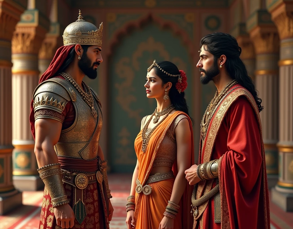 The rajput warrior and his new wife and her brother standing in our room, the rajput kingdom , the two rajput warrior and female rajput warrior , he was standing in the room , in the room , room , the two warrior , talking together