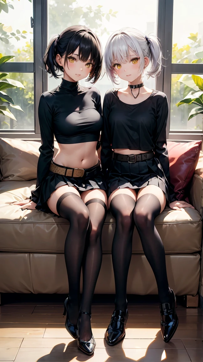 Two little twin sisters. (both sisters have short white hair and intense yellow eyes). The first sister is wearing a (black long sleeve top with bare belly button) and a black skirt with a brown belt. The second sister is wearing a (white long sleeve top with bare belly button) and a black skirt with a brown belt. Both sisters wear thigh-high stockings., accentuating her toned legs and black shoes. Twin sisters are in the living room of a modern house, with naughty expressions. They are sitting side by side on a leather sofa, with a confident and intimidating posture, as soft sunlight streams in through the large window behind them, illuminating their elegant silhouettes.