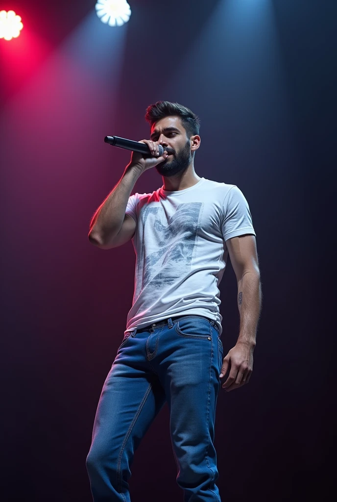 A handsome mature Iranian bearded boy wearing tight blue jeans and tight white printed t-shirt looking like a muscular model singing a song on stage having perfect protruding bulge and . and your figure is so stunning.. 