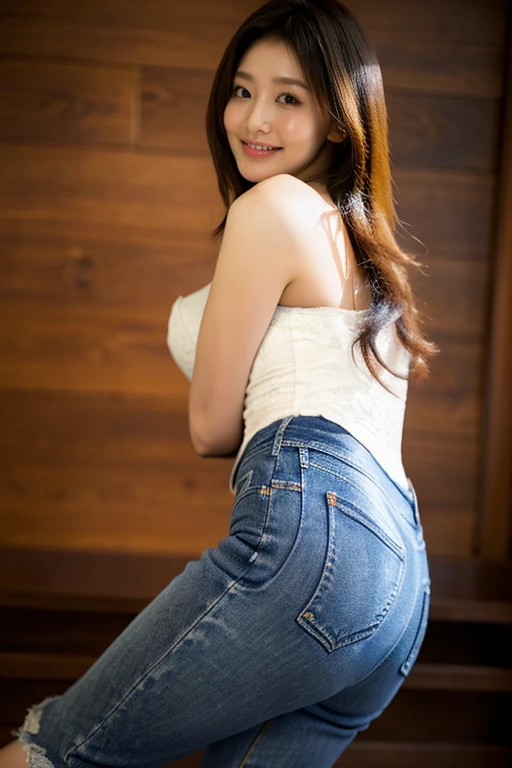 masterpiece, (Realistic), High resolution, Very detailed, complicated, Beautiful woman, Brown Hair, 1 person,Japanese adult woman, Detailed face, ((Tight jeans)), (superior,From the side:1.2), (Show your ass),smile, ベッドのsuperiorで,Big Breasts:1.3,(Under the chest:1.2),((Beautiful lace strapless bra)),