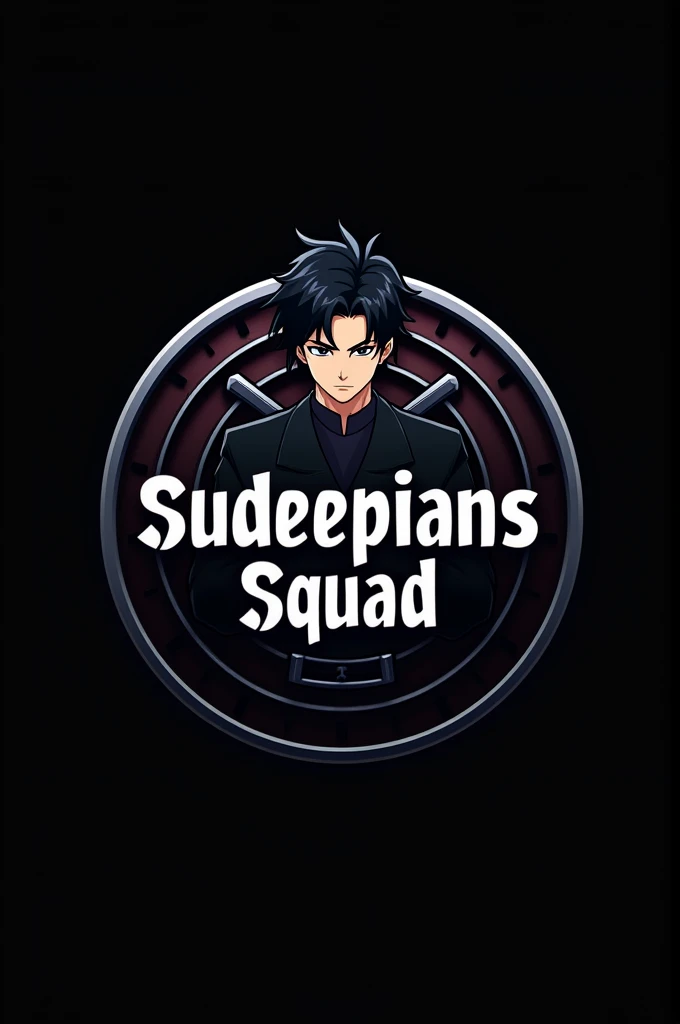 Create a logo with circle shape named as sudeepians squad and background colour dark black and  silver dark it should be good and modern mixture and add kiccha sudeep good anime image font color should be matching the background 