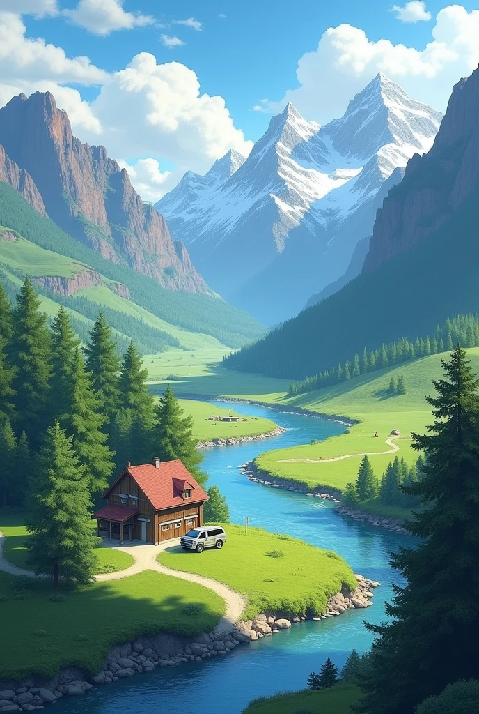 Mountain a river cross between them and a hosue located near the river with a car