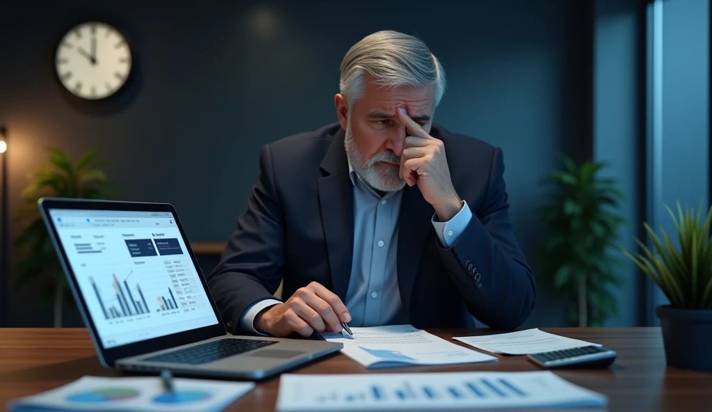 Create an image of a concerned business professional looking at a confusing or high invoice with a calculator and documents scattered around. The scene should convey worry about potential overcharging by a Managed Service Provider (MSP). Include visual elements like a clock, financial charts, and a laptop with an MSP billing interface, emphasizing the theme of scrutinizing expenses