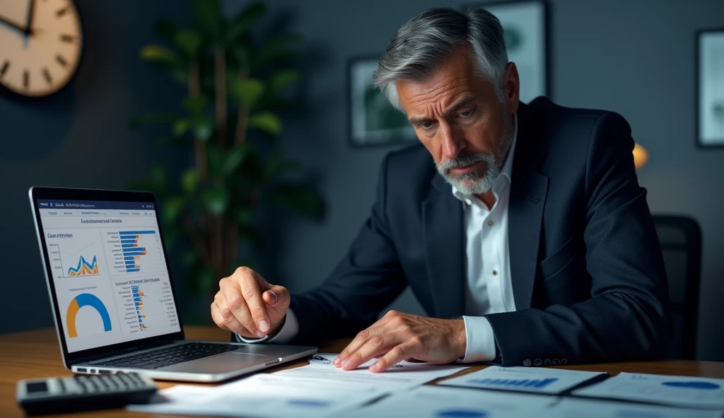 Create an image of a concerned business professional looking at a confusing or high invoice with a calculator and documents scattered around. The scene should convey worry about potential overcharging by a Managed Service Provider (MSP). Include visual elements like a clock, financial charts, and a laptop with an MSP billing interface, emphasizing the theme of scrutinizing expenses