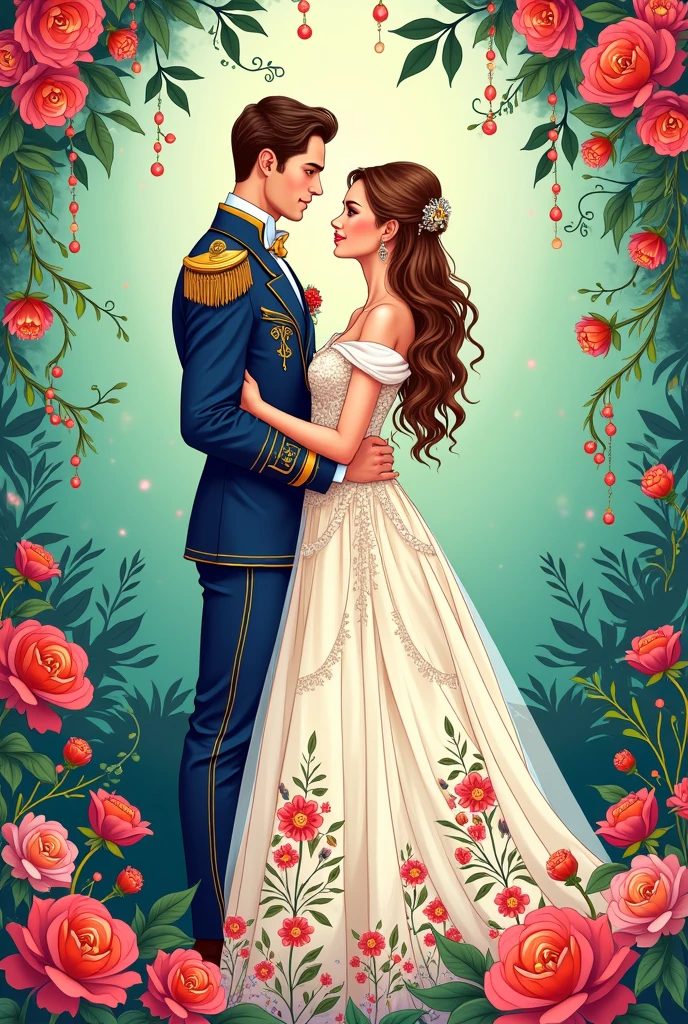High detail vector drawing of a princess and prince wedding showing their full bodies in the picture. Colorful line art drawing. Vector drawing. 