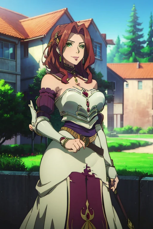 (masterpiece, Best Quality:1.4), looking at the viewer, cowboy shot, affected smile, malty melromarc, Red hair, by the wide, green eyes, exposed cleavage, big breasts, big breasts, hair ornament, earrings, jewelry, armor, armored dress, dress, separate sleeves, breastplate, purple skirt, belt, outdoor, grass, rose garden with rose petals in the air, big breasts, huge breasts, giant breasts