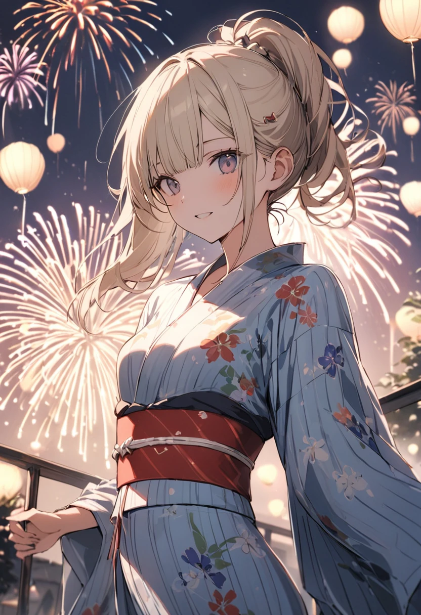 We had a lovely romance at the end of summer,firework,Hakata Sea,(one person, (high school girl,yukata),slim,small breasts,feminine,platinum_blonde ponytail hair,side bangs,Slope_eye),BREAK,conceptual art, masterpiece, Super Detail, Attention to detail, high quality, 最high quality, High resolution