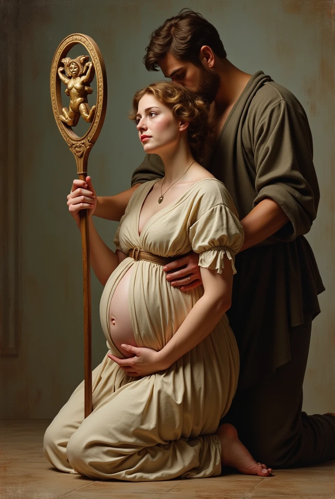 A pregnant woman kneeling, In one hand he holds a staff in the shape of the symbol of health., and has a man behind him, back to back, The man has one hand helping the woman hold the staff, Renaissance style 