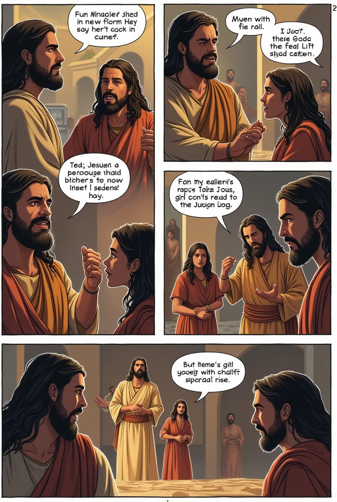 To turn the biblical story of the resurrection of Jairus' daughter into a comic book, you can follow this script for the frames:First Frame: Jairo, a synagogue leader, approaches Jesus and asks for help, saying that his daughter is on the verge of death.Second Frame: Jesus decides to go to Jairus' house, but on the way he receives the news that the girl has already passed away.Third Frame: Jesus tells Jairus not to be afraid, just believe, and continues towards the house.Fourth Frame: Jesus arrives at Jairus' house, where everyone is crying, and says the girl is not dead, but sleeping.Fifth Frame: Jesus enters the girl's room, takes your hand and says: "naughty girl, Lift Yourself!".Sixth Frame: A gets up immediately, surprising everyone, and Jesus asks them to give him something to eat.