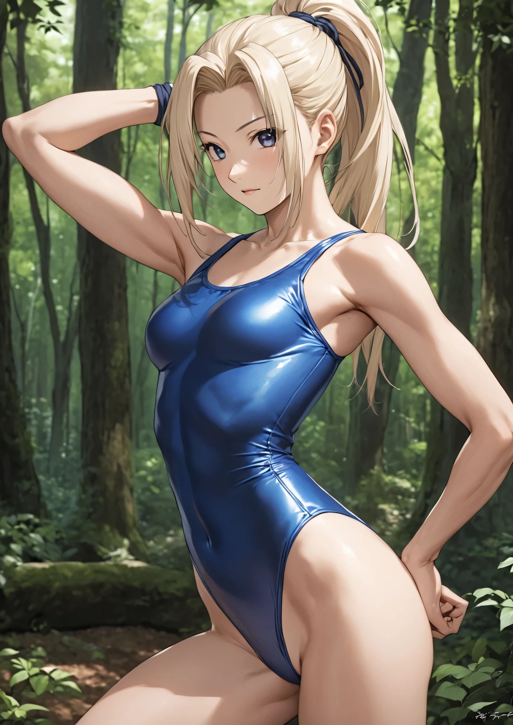 Ino yamanaka is a boy, Wearing a blue leotard posing in a woodland, solo, Very long blonde tied up hair, Strong pose, so beautiful. (Beautiful Boy, ), Perfect Body, Sexy upper body, Photorealistic perfect body, boy is wearing a girl's leotard, Sexy body, (The shoulders of the leotard are covered with a tank top, The leotard has a high-cut waist), Cute, crossdressing, Bare shoulders, bare legs, Bare Arms, (male body:1.5), manly body, bulged penis, covered male reproductive system,