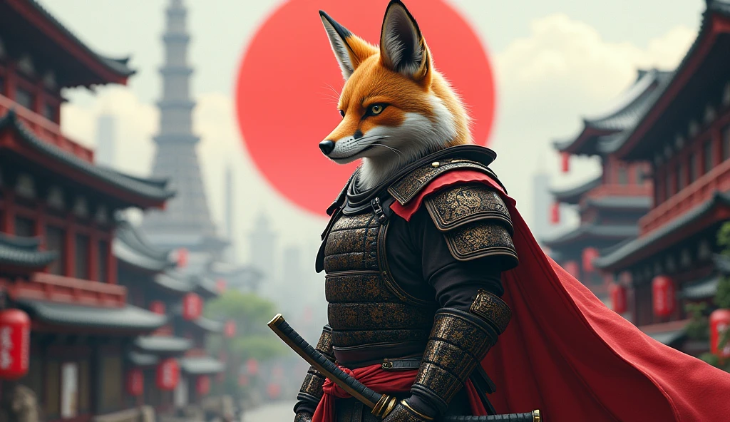 samurai fox, japanese traditional city, futuristic city background, photorealistic, hyperrealistic, 8k, (best quality, 4k, 8k, highres, masterpiece:1.2), ultra-detailed, (realistic, photorealistic, photo-realistic:1.37), cinematic lighting, dramatic lighting, intricate details, highly detailed, sharp focus, vivid colors, dynamic pose, cinematic composition, masterpiece, epic scene, battle, battle scene