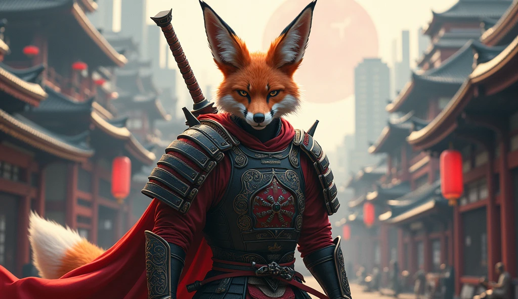 samurai fox, japanese traditional city, futuristic city background, photorealistic, hyperrealistic, 8k, (best quality, 4k, 8k, highres, masterpiece:1.2), ultra-detailed, (realistic, photorealistic, photo-realistic:1.37), cinematic lighting, dramatic lighting, intricate details, highly detailed, sharp focus, vivid colors, dynamic pose, cinematic composition, masterpiece, epic scene, battle, battle scene
