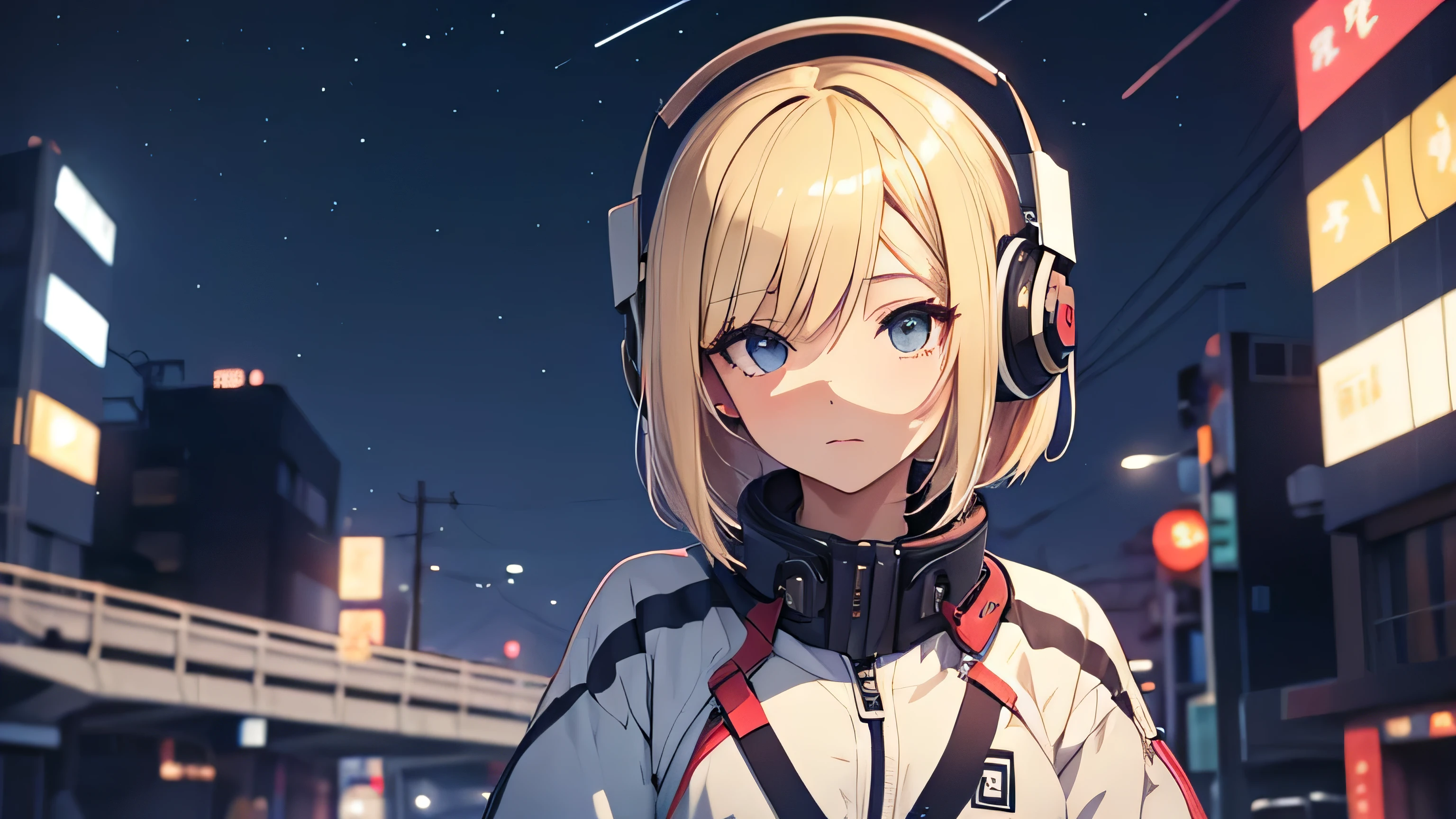 Beautiful girl with blonde bob hair wearing headphones Passenger plane in the night sky pylon Japanese anime style