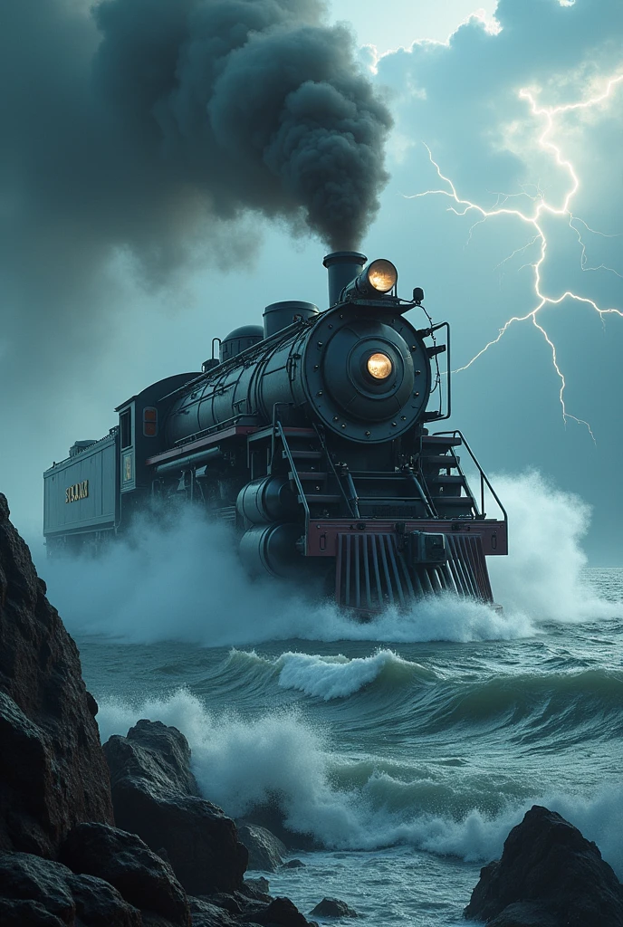 Create a realistic and cinematic image of a monster train crossing the sea.