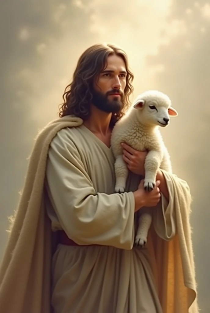 Jesus Christ with a little white sheep on his shoulders 