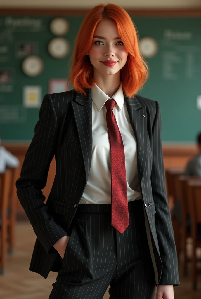 huge breasts, black pinstriped suit，white tailored shirt, metallic red tie, Has ginger waist-length hair，Wearing a pair of platform heels, young teacher, A look of enjoyment, Beautiful appearance, Full body depiction, Exquisite makeup，quality, Cinema lighting，film grain，8k，textured skin，Super details，high detail，high quality，high resolution, smile